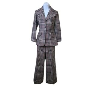 Vtg 1970s Pant Suit Plaid Blazer Trouser Career Academic Modern Juniors Sz 7 XXS